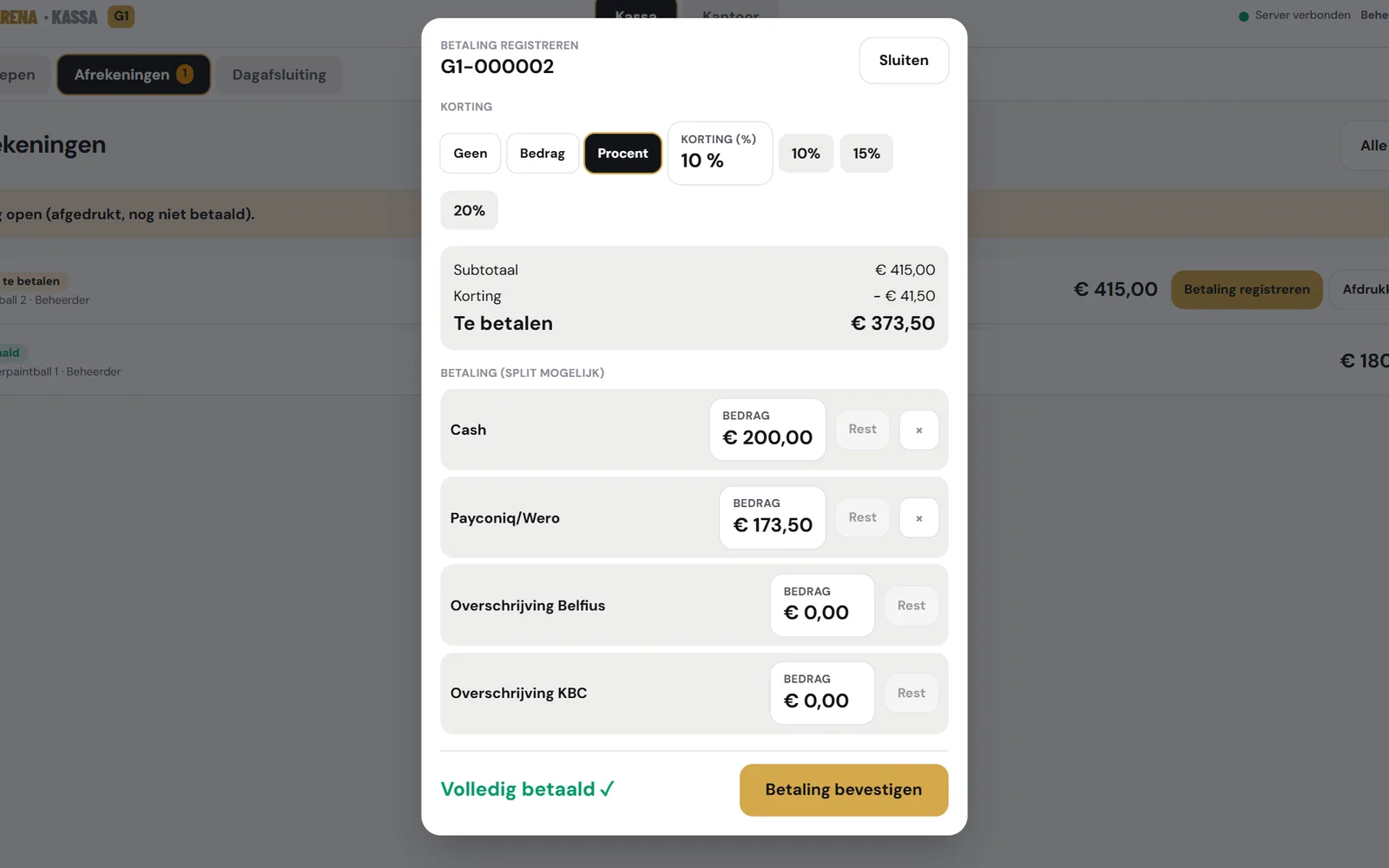Afrekenscherm van de kassa: korting, gesplitste betaling cash en Payconiq, volledig betaald