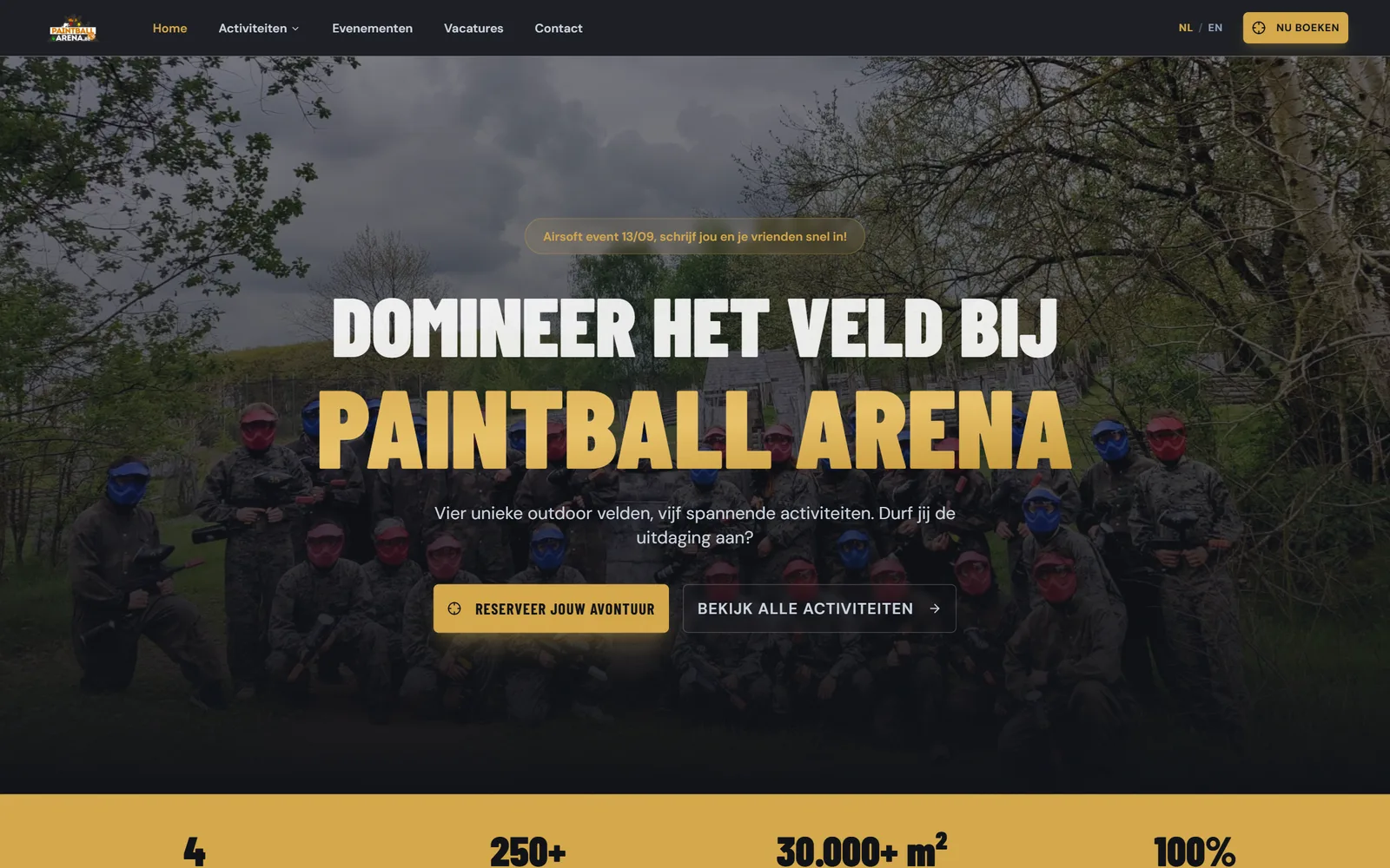 Homepage van paintballarena.be met de reserveerknop